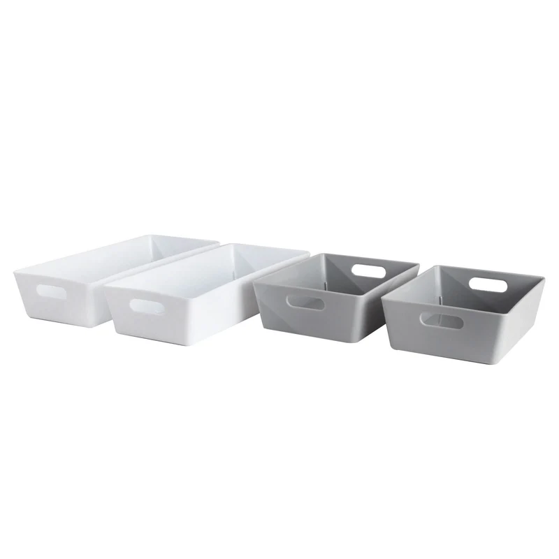 Schubladen Organizer - 4 Teile - 5 cm hoch - weiß-grau - Boxen in 2 Größen - Schubladeneinsatz passend für Schubladen von 40 x 25 cm Organizer Set Ordnungssystem Aufbewahrung Aufbewahrungskorb Ordnung Schublade Schrank Schreibtisch