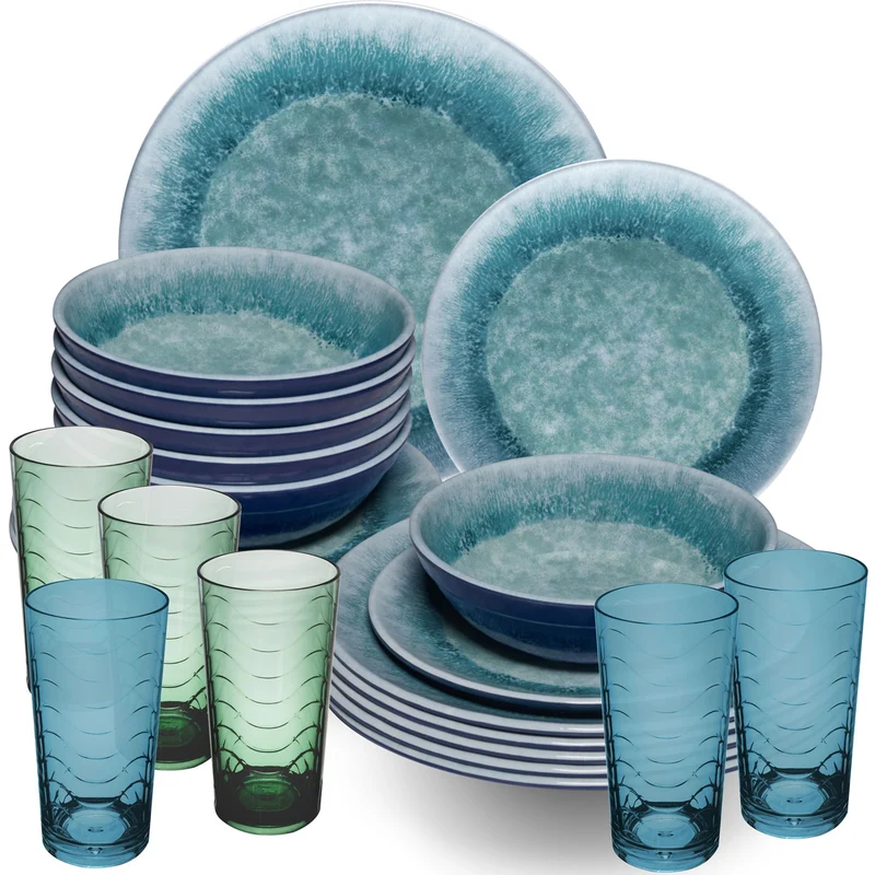 Melamin Geschirr Set Adria Blue für 6 Personen - 24 Teile Blau - mit farblich passenden Trinkgläsern 260 ml aus Acryl Steingutoptik Campinggeschirr