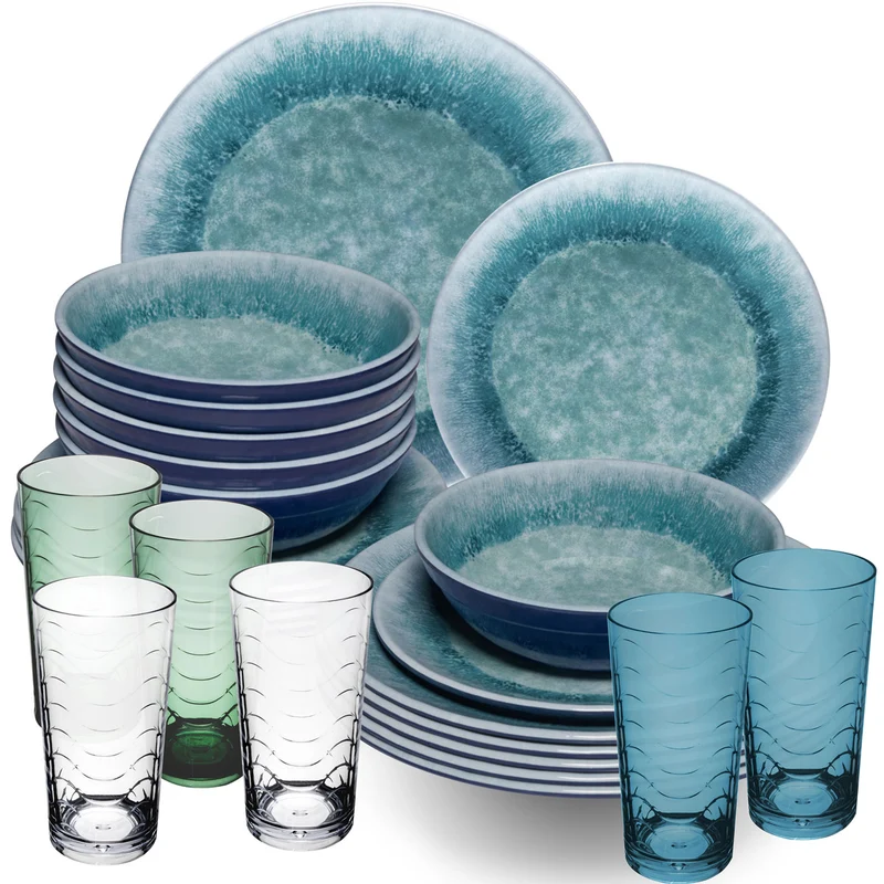 Melamin Geschirr Set Adria Blue für 6 Personen - 24 Teile Blau - mit farblich passenden Trinkgläsern 260 ml aus Acryl Steingutoptik Campinggeschirr