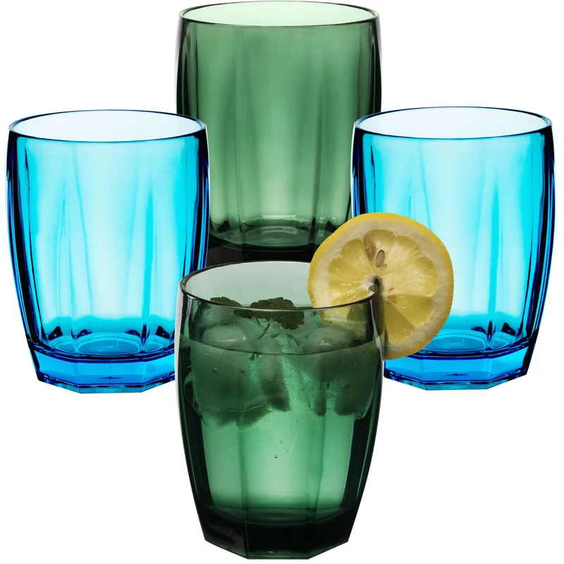 Melamin Geschirr Set Adria Blue für 2 Personen - 8 Teile Blau - mit farblich passenden Trinkgläsern 320 ml aus Acryl Steingutoptik Campinggeschirr Camping