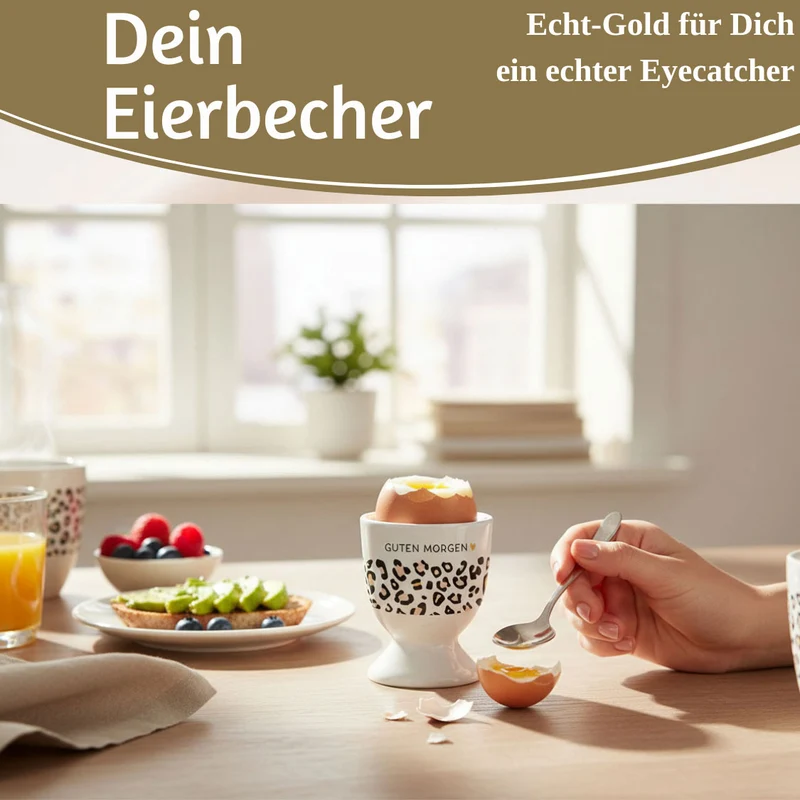 Eierbecher Echt-Gold Spruch "GUTEN MORGEN" Leo Muster Gute Laune Eierhalter