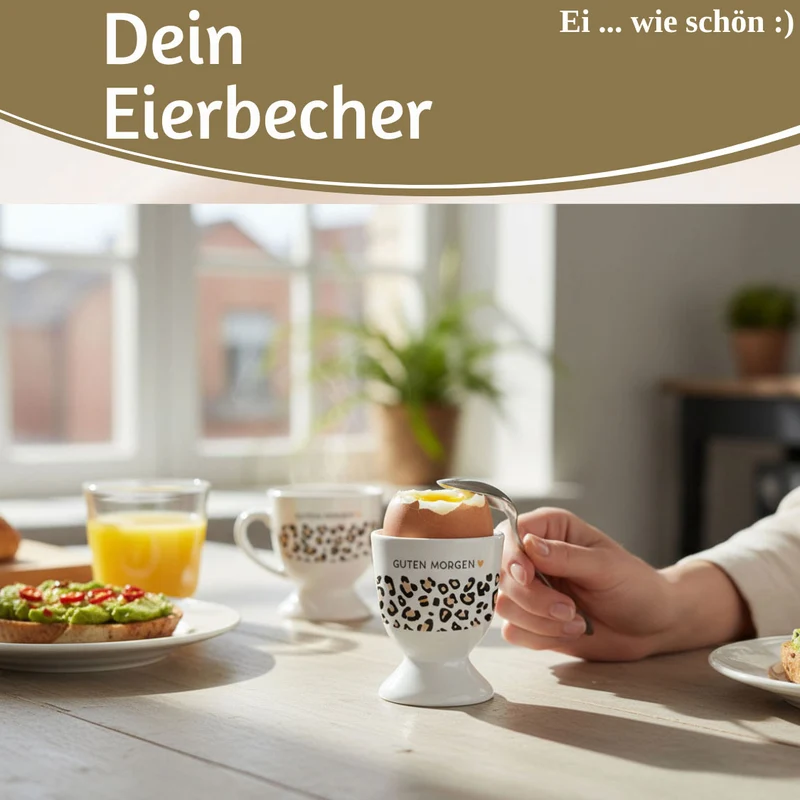 Eierbecher Echt-Gold Spruch "GUTEN MORGEN" Leo Muster Gute Laune Eierhalter