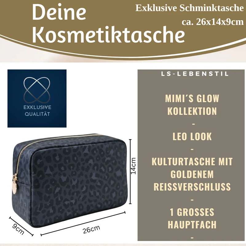 Mimi's Glow Kulturtasche Romy 26x14cm Leo Grau Schwarz Schminktasche Kosmetiktasche