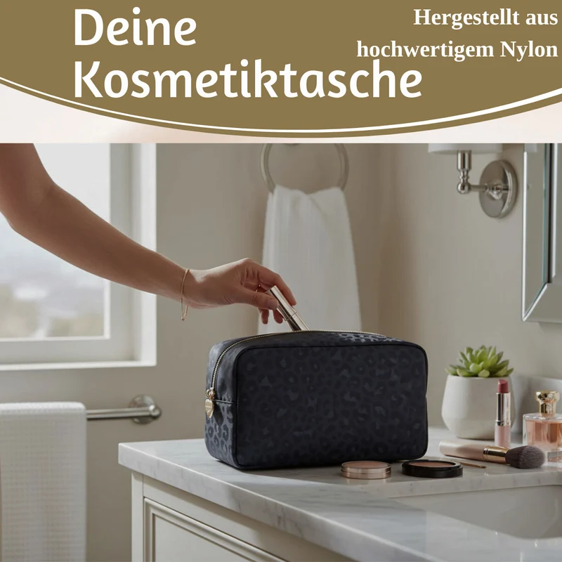 Mimi's Glow Kulturtasche Romy 26x14cm Leo Grau Schwarz Schminktasche Kosmetiktasche