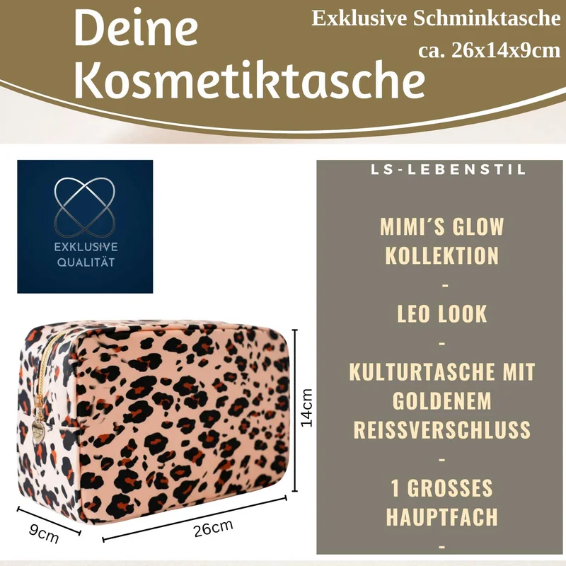 Mimi's Glow Kulturtasche Romy 26x14cm Leo Beige Schminktasche Kosmetiktasche