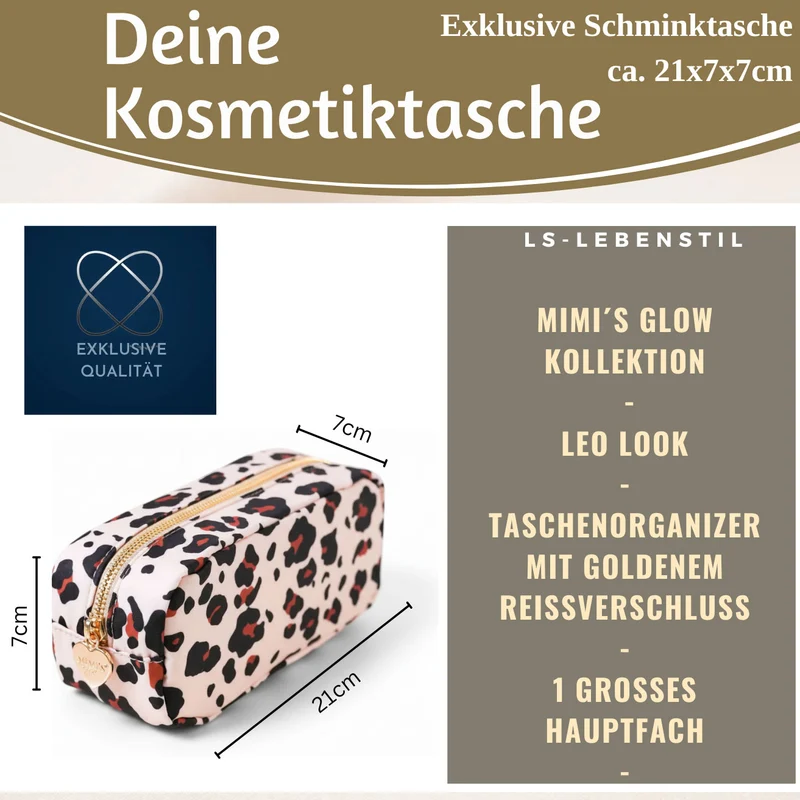 Mimi's Glow Kosmetiktasche Suki 21x7cm Leo Beige Schminktasche Mäppchen