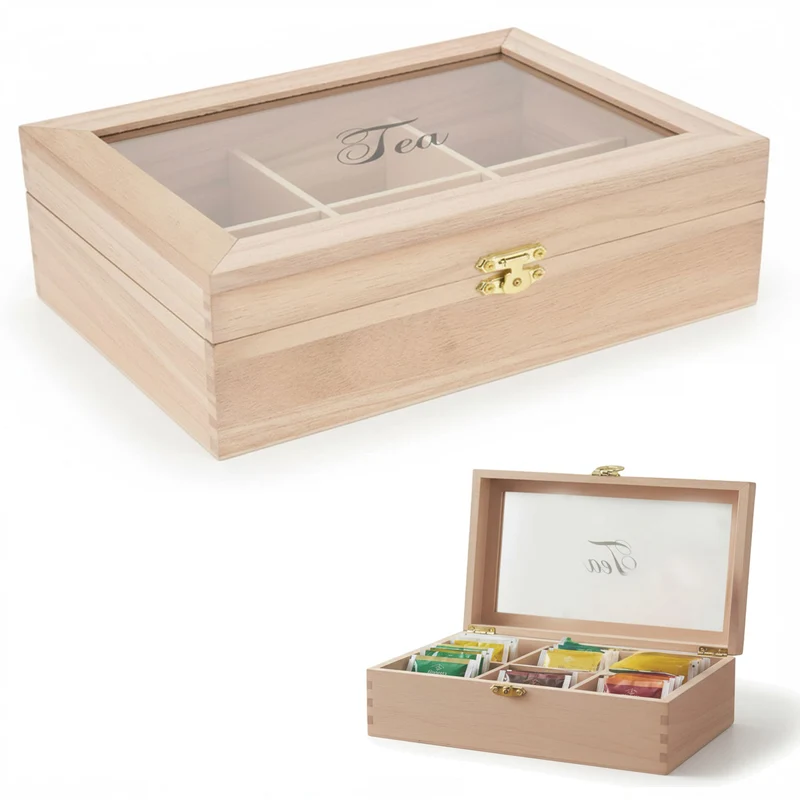 Holz Aufbewahrungsbox Teebox 6 Fächer mit Deckel für Teebeutel Teekiste Teekasten