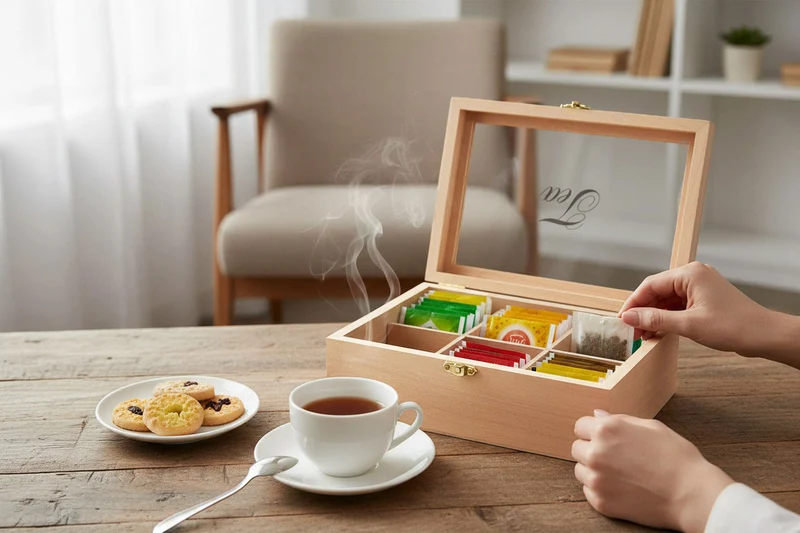 Holz Aufbewahrungsbox Teebox 6 Fächer mit Deckel für Teebeutel Teekiste Teekasten