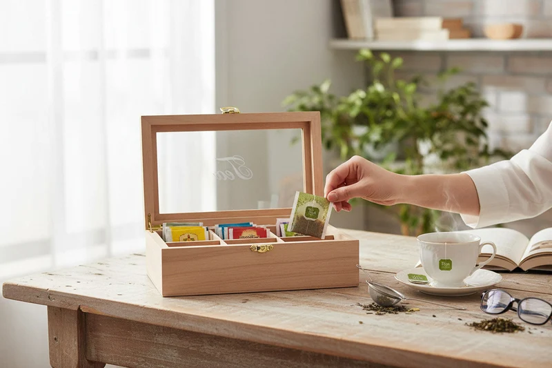 Holz Aufbewahrungsbox Teebox 6 Fächer mit Deckel für Teebeutel Teekiste Teekasten
