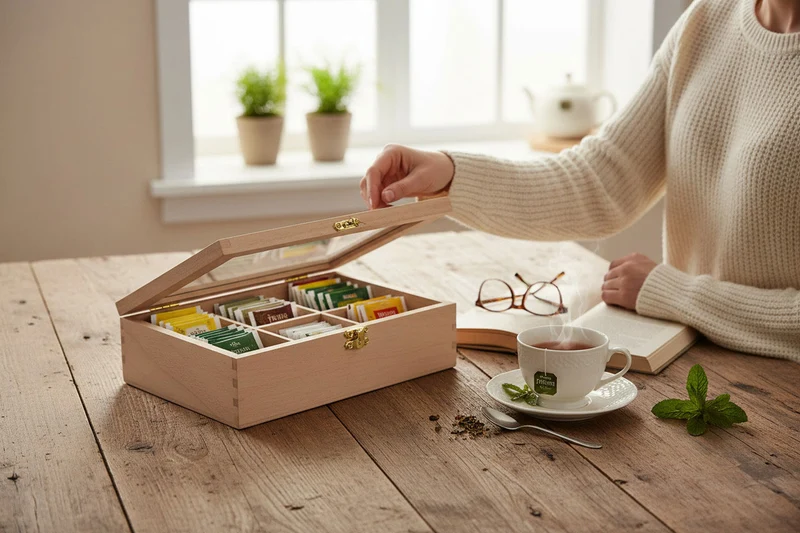 Holz Aufbewahrungsbox Teebox 6 Fächer mit Deckel für Teebeutel Teekiste Teekasten