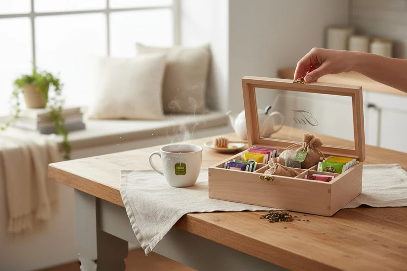 Holz Aufbewahrungsbox Teebox 6 Fächer mit Deckel für Teebeutel Teekiste Teekasten