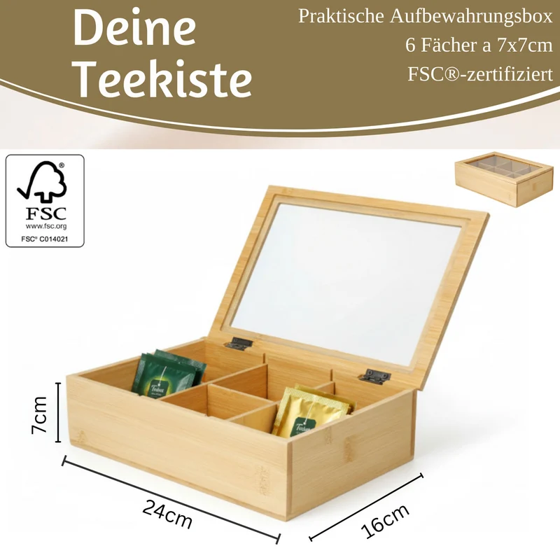 Holz Aufbewahrungsbox Teebox 6 Fächer mit Deckel Schmuckkiste Teekiste Teekasten