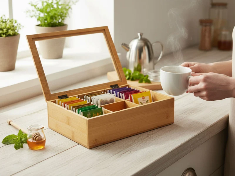 Holz Aufbewahrungsbox Teebox 6 Fächer mit Deckel Schmuckkiste Teekiste Teekasten