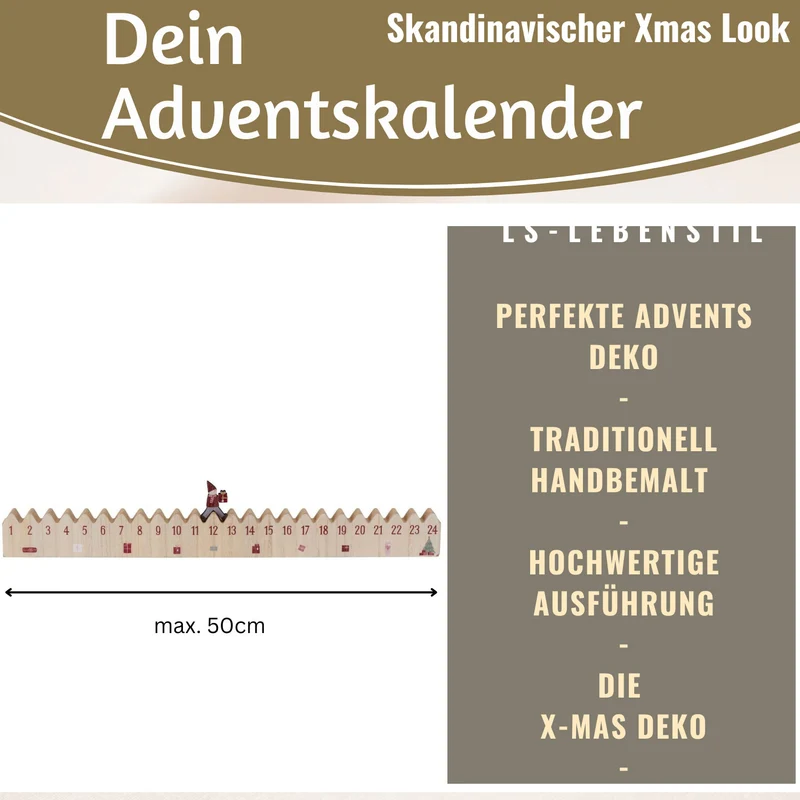 Vintage Holz Adventskalender hüpfender Wichtelmann 50cm Countdown Xmas Deko