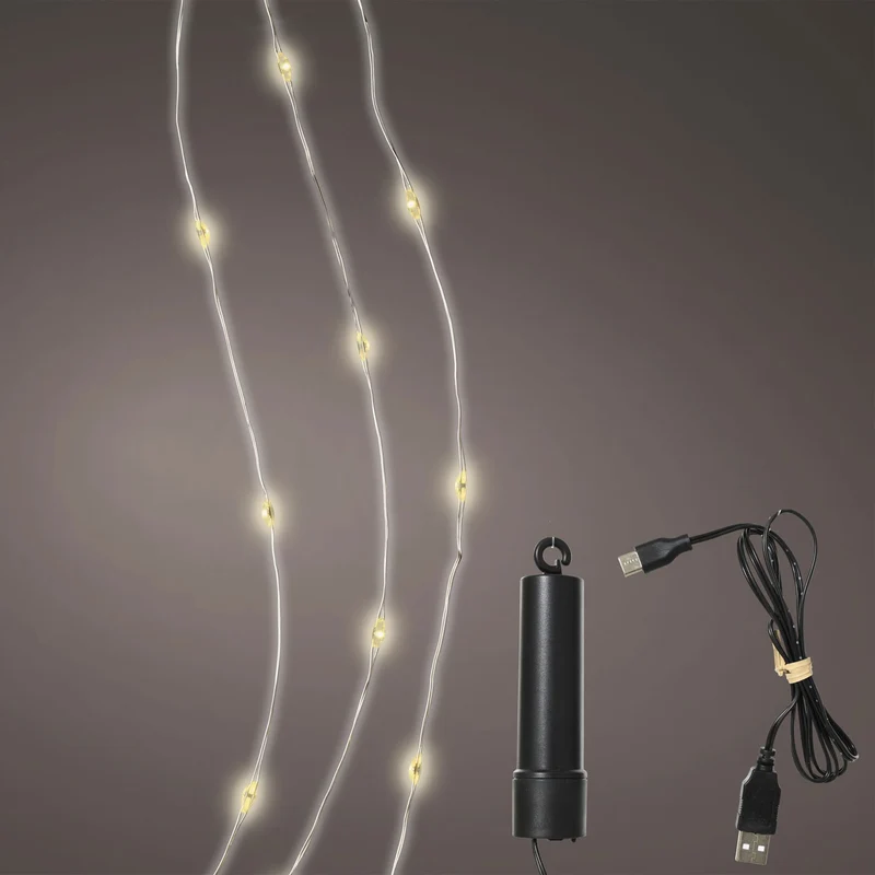 USB Micro LED Lichterkette 100 Lampen 9,9 Meter 8 Lichteffekte Timer Batterie Warm-Weiß