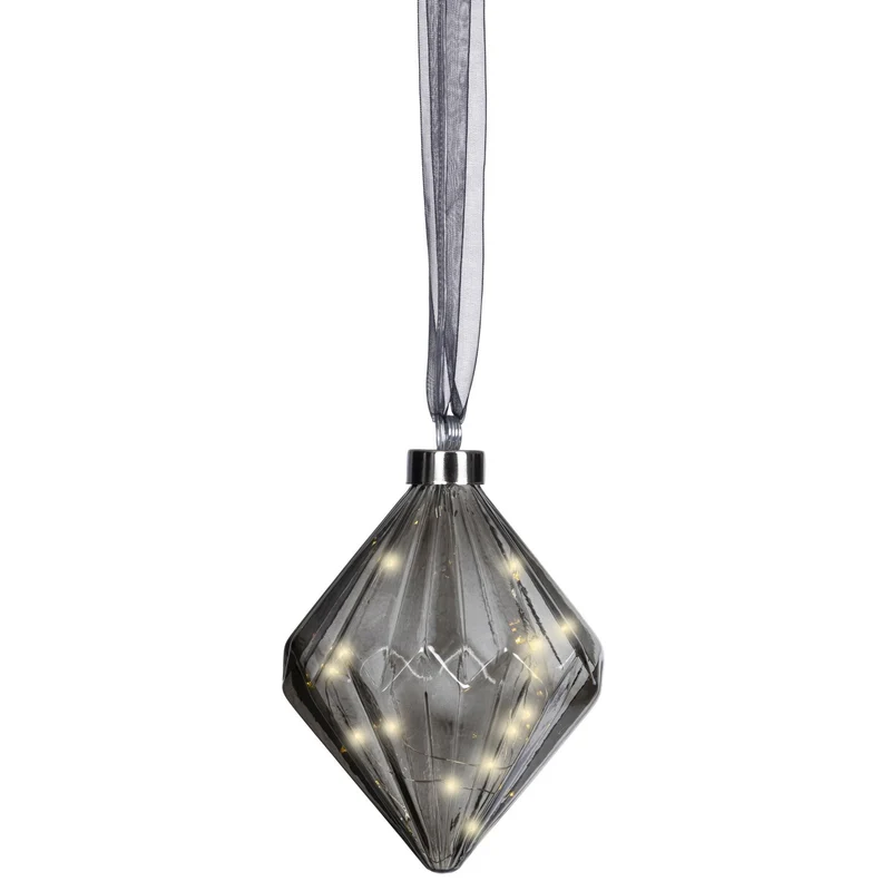 XL Deko Glas Lichtkugel 20LED 16cm Diamant Grau Glaskugel Timer Batterie Anhängen