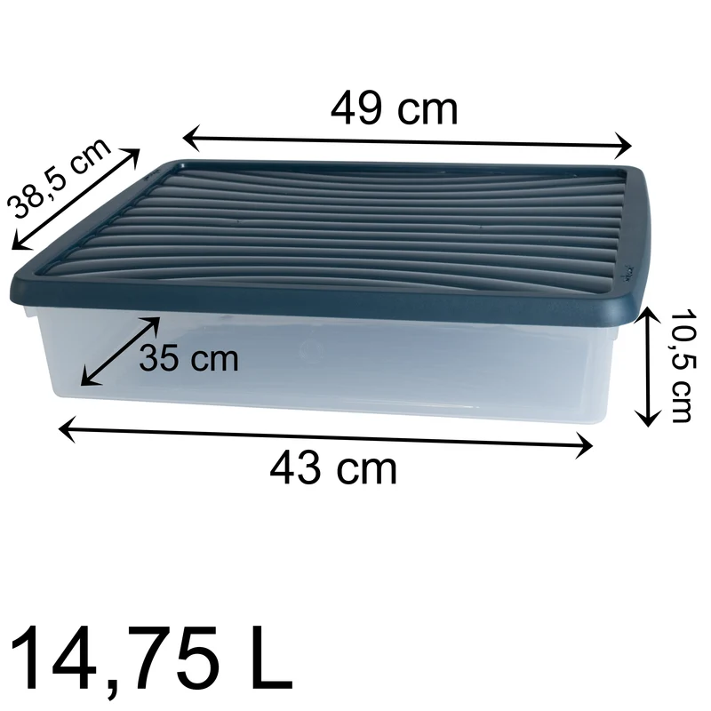 AUFBEWAHRUNGSBOX - 14,75 Liter - DIN A3-Format mit Deckel - 49x38,5x10,5 cm - transparent Navy Blau stapelbar Sammelbox Sammelmappe Kunststoff Box Stapelkiste Zeichenblock Büro Storage Aufbewahrung Flach