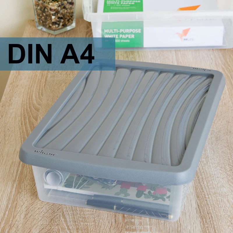 AUFBEWAHRUNGSBOX - 8 Liter - DINA4-Format mit Deckel - 39x27,5x10 cm - transparent Navy Blau - stapelbar - Kunststoff Box Stapelkiste Büro Storage Aufbewahrung Flach