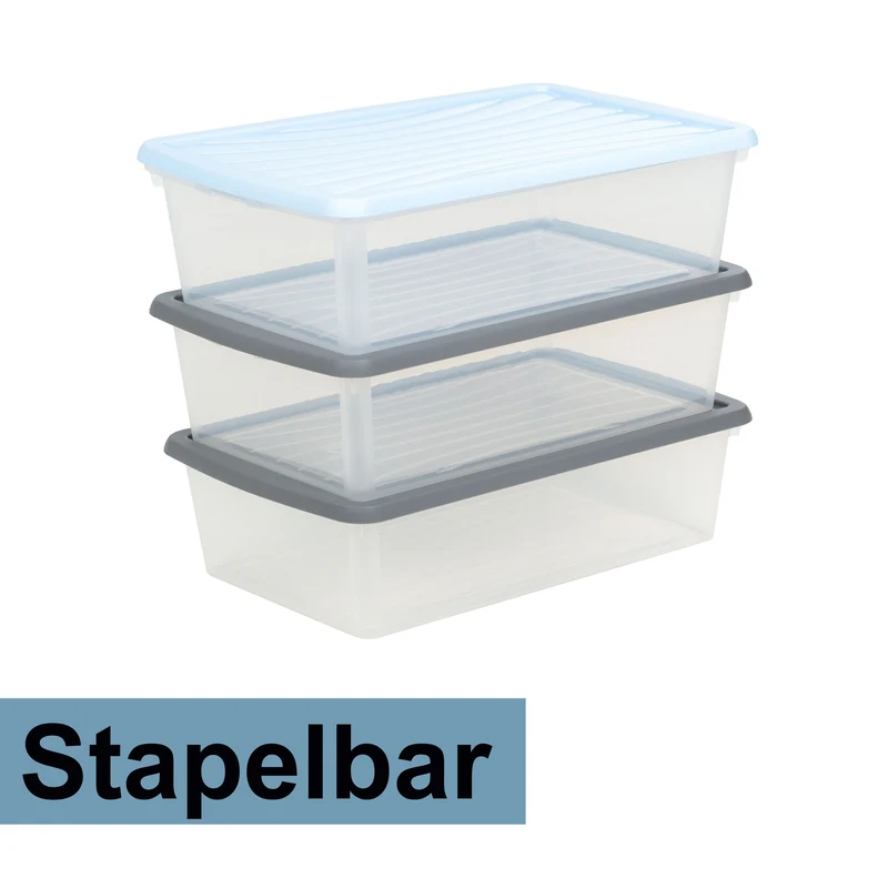 AUFBEWAHRUNGSBOX - 8 Liter - DINA4-Format mit Deckel - 39x27,5x10 cm - transparent Navy Blau - stapelbar - Kunststoff Box Stapelkiste Büro Storage Aufbewahrung Flach