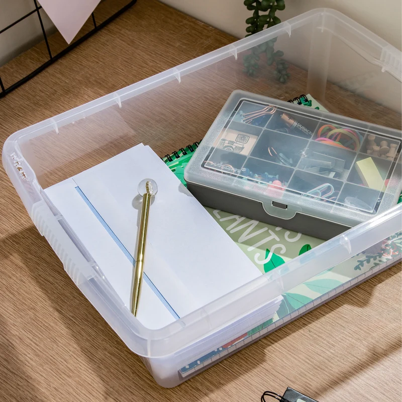 AUFBEWAHRUNGSBOX - 8 Liter - DINA4-Format mit Deckel - 39x27,5x10 cm - transparent Navy Blau - stapelbar - Kunststoff Box Stapelkiste Büro Storage Aufbewahrung Flach
