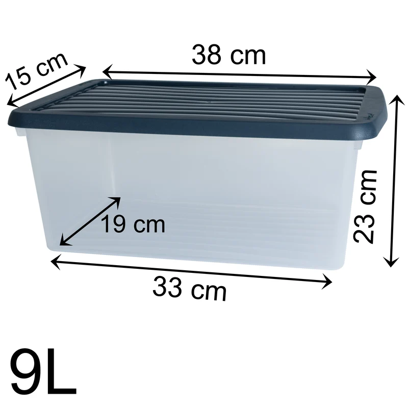 AUFBEWAHRUNGSBOX - 9 Liter - Aufbewahrungsbox mit Deckel - 38x23x15cm transparent Navy Blau - stapelbar - Kunststoff Box Stapelkiste Büro Storage Aufbewahrung Flach