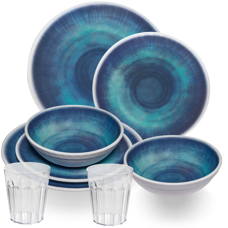 Melamin Geschirr Set Jesolo Blau für 2 Personen - 8 Teile - mit klarem Trinkglas 450ml aus Acryl Steingutoptik Campinggeschirr