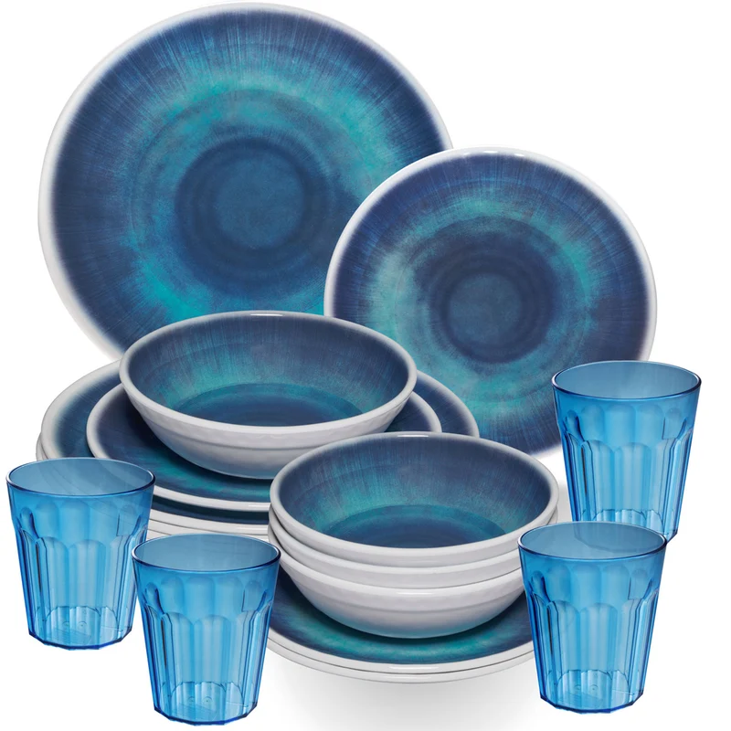 Melamin Geschirr Set Jesolo Blau für 4 Personen - 16 Teile - mit blauem Trinkglas 450ml aus Acryl Steingutoptik Campinggeschirr