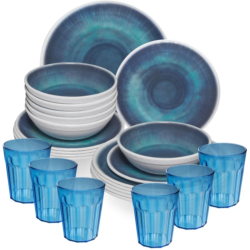 Melamin Geschirr Set Jesolo Blau für 6 Personen - 24 Teile - mit blauem Trinkglas 450ml aus Acryl Steingutoptik Campinggeschirr