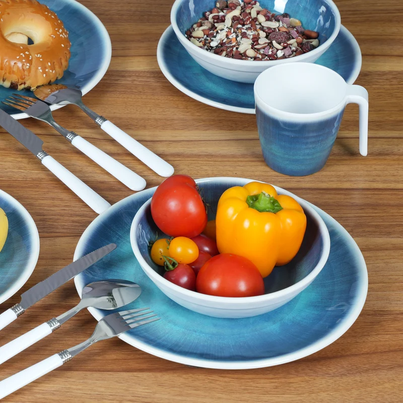 Melamin Geschirr Set Jesolo Blau für 6 Personen - 24 Teile - mit blauem Trinkglas 450ml aus Acryl Steingutoptik Campinggeschirr