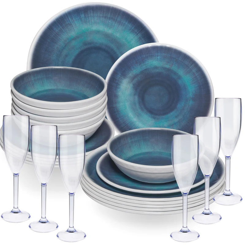 Melamin Geschirr Set Jesolo Blau für 6 Personen - 24 Teile - mit blauem Sektglas 150ml aus Acryl Steingutoptik Campinggeschirr
