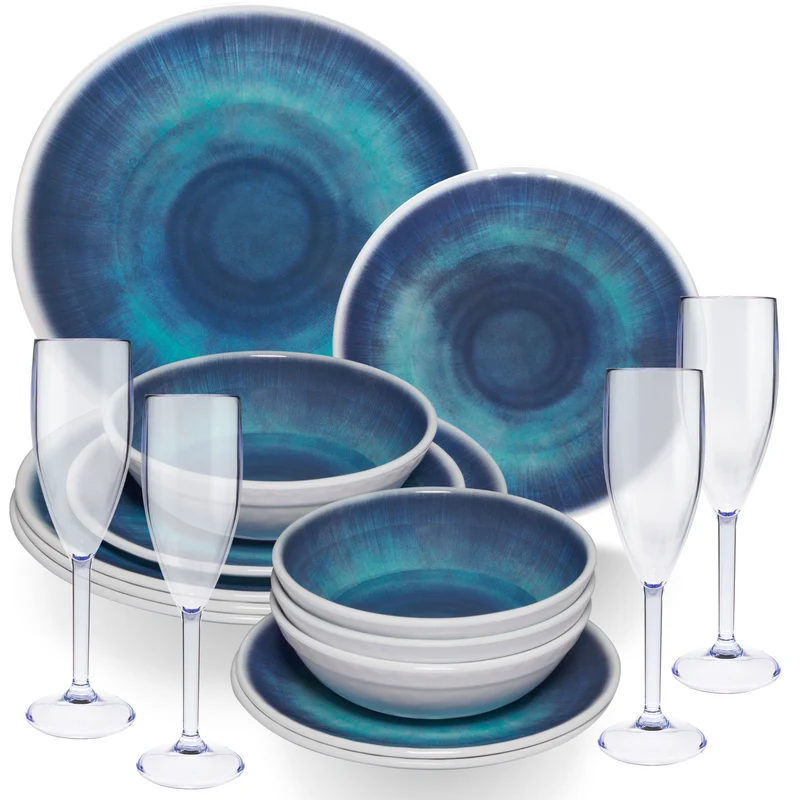 Melamin Geschirr Set Jesolo Blau für 4 Personen - 16 Teile - mit blauem Sektglas 150ml aus Acryl Steingutoptik Campinggeschirr