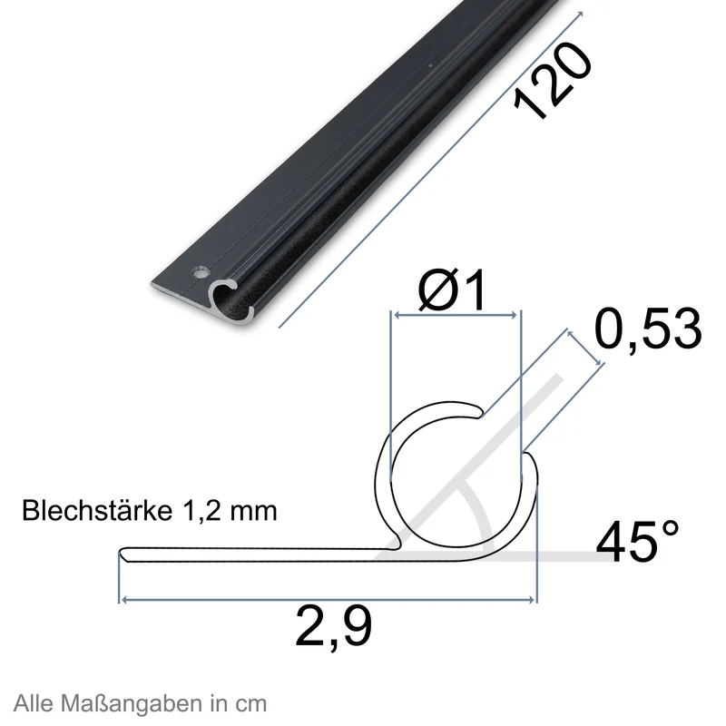 Alu Kederschiene - 1,2 Meter - Kederleiste - Neigung 45° Ø10mm (passend für 7-9mm Keder) Schwarz Aluminium Kederprofil Leiste für Wohnwagen Wohnmobil Vorzelt Sonnensegel Schürzenleiste Vorzeltschiene