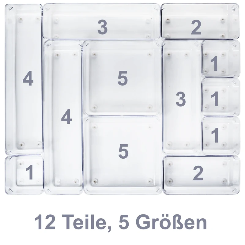 Schubladen Organizer 5,5 cm hoch - 12 Teile 40x48 cm 5 Größen - klar transparent Antislip - Organizer für Schminktisch Kosmetik Ordnungssystem Aufbewahrungsbox Ordnungsbox Schubladeneinsatz