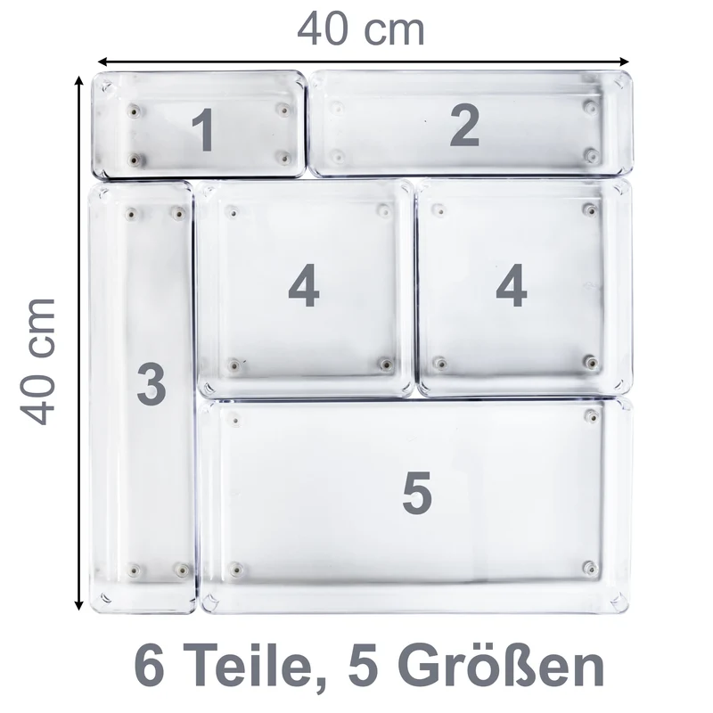 Schubladen Ordnungssystem 6 Teile 40x40 cm 5 Größen 5,5cm hoch klar transparent Antislip - Organizer für Schminktisch Kosmetik Bad Küche Kiste Besteck Aufbewahrungsbox Ordnungsbox Schubladeneinsatz