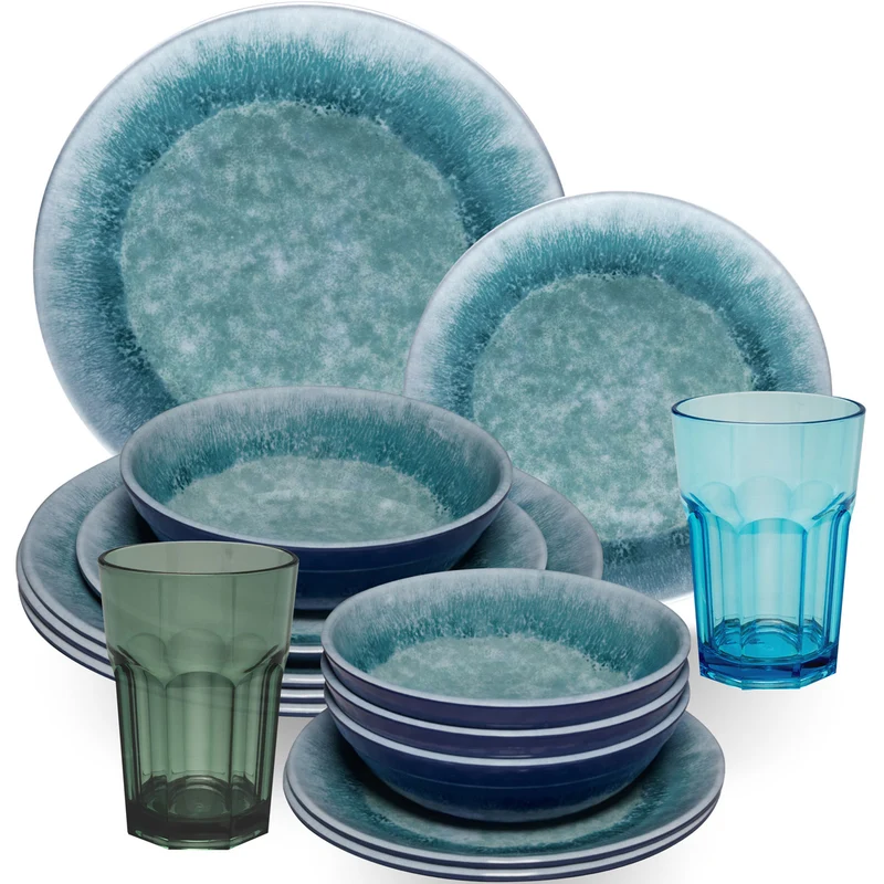 Melamin Geschirr Set Adria Blue für 4 Personen - 16 Teile Blau - mit farblich passenden Trinkgläsern 400 ml aus Acryl Steingutoptik Campinggeschirr