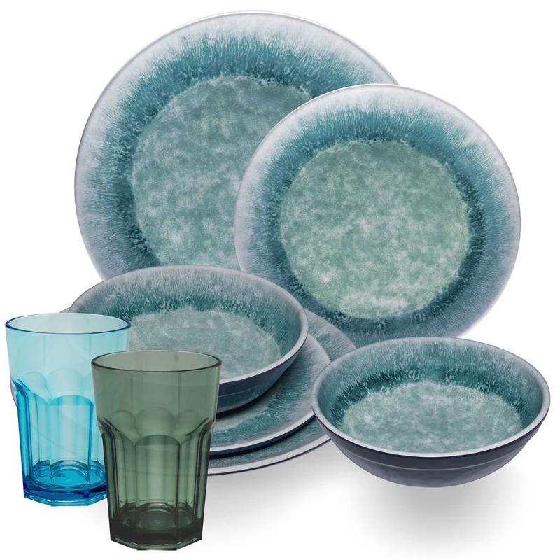 Melamin Geschirr Set Adria Blue für 2 Personen - 8 Teile Blau - mit farblich passenden Trinkgläsern 400 ml aus Acryl Steingutoptik Campinggeschirr Camping