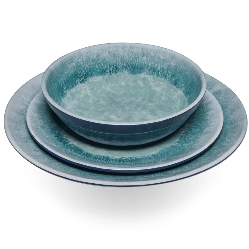 Melamin Geschirr Set Adria Blue für 6 Personen - 24 Teile Blau - mit blauem Trinkglas 400 ml aus Acryl Steingutoptik Campinggeschirr