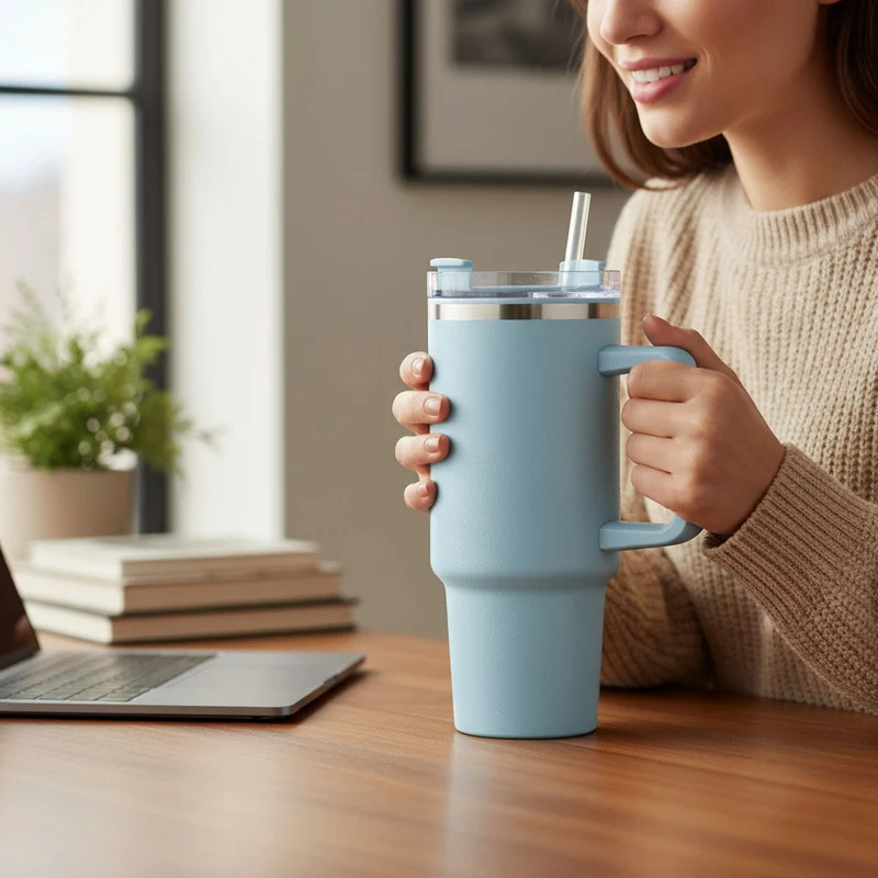 XL Edelstahl Trinkbecher Blau 1200ml mit Griff Vakuum Kaffeebecher Coffee to Go