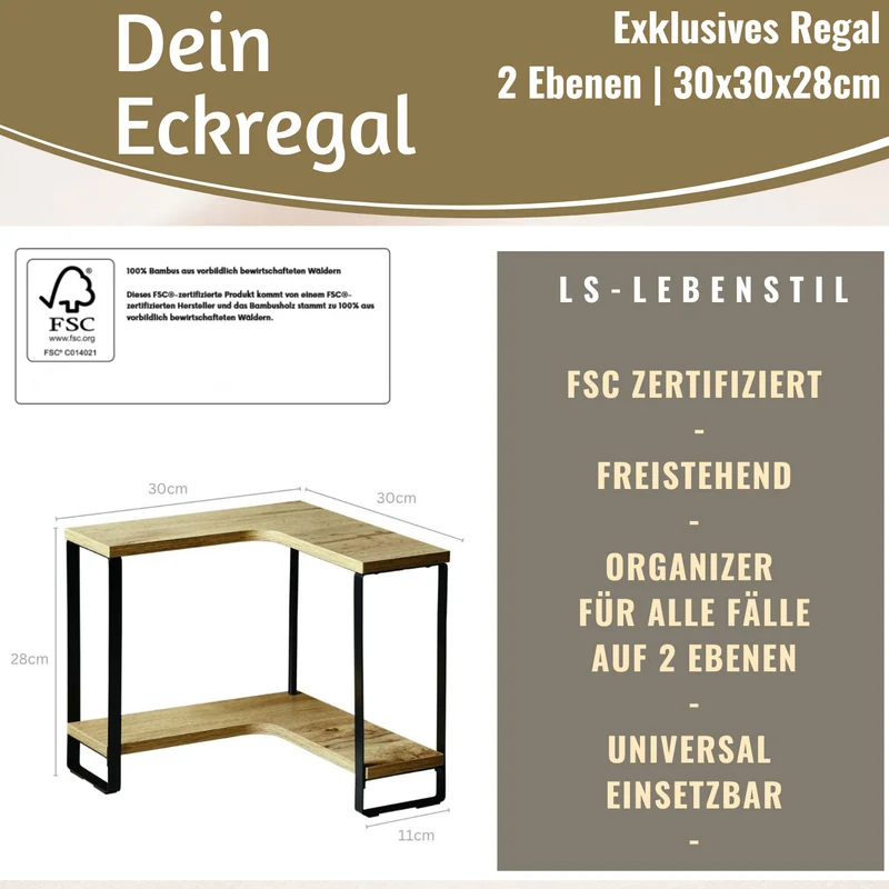 Küchenregal Eckregal Holz 30x30cm stehend 2 Ebenen Aufbewahrungsregal Gewürzregal