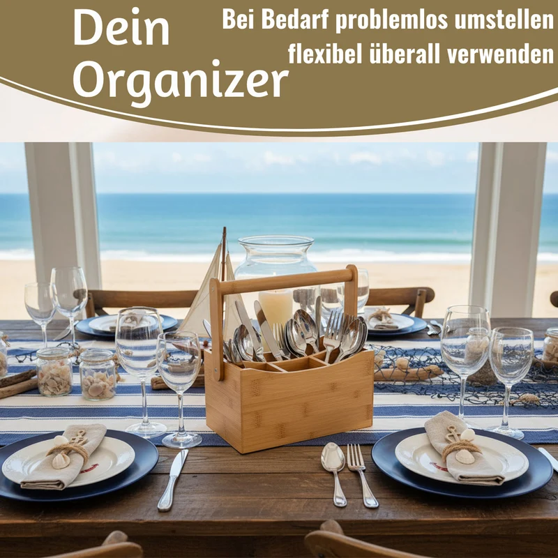 Holz Besteckhalter 22cm Braun 4 Fächer mit Griff Cutlery Besteckkorb Stiftebox