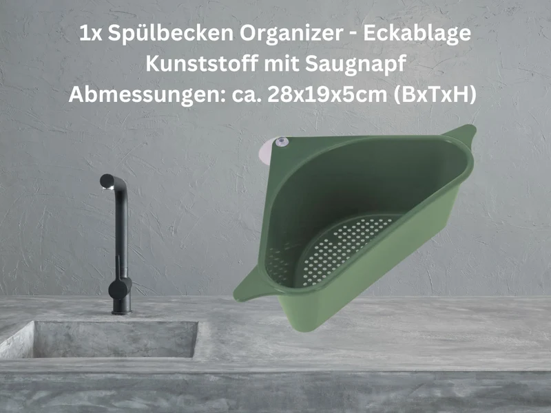 Spülbecken Organizer Dreieck Grün Abtropfsieb Schwammhalter Abflusskorb Saugnapf