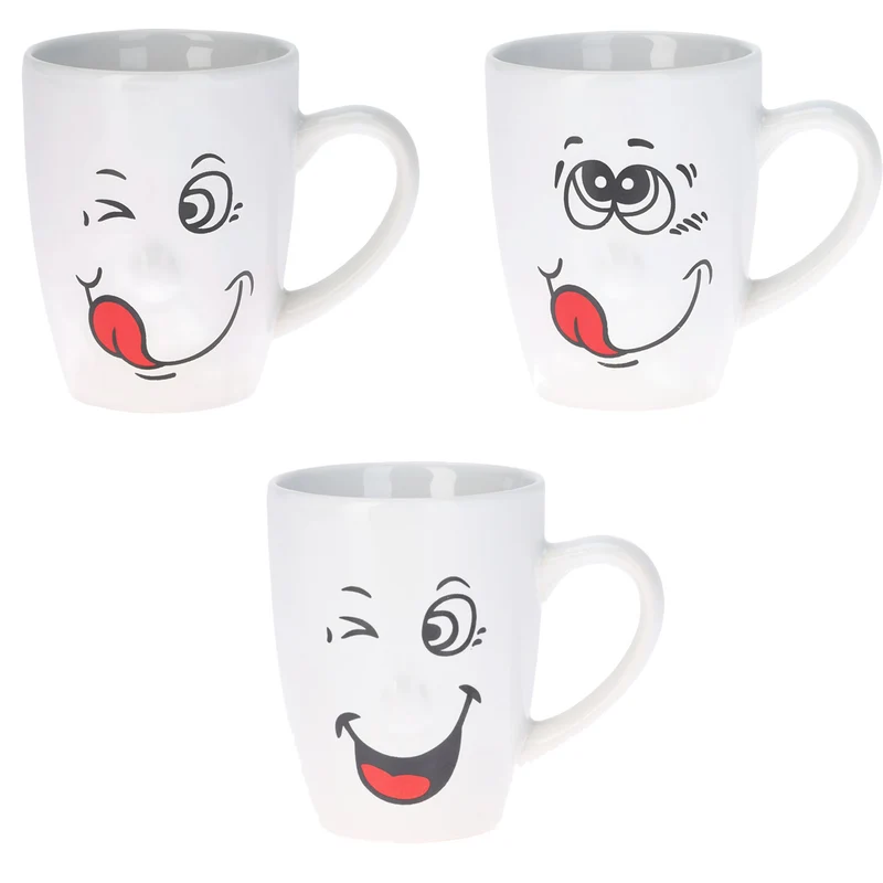 3 Kaffeebecher Smiley 300ml Set lustige witzige Henkelbecher Kaffeetasse