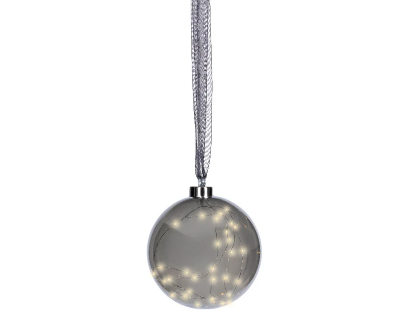 XL Deko Glas Lichtkugel 40LED 20cm Grau Anthrazit Glaskugel Timer Batterie Anhängen