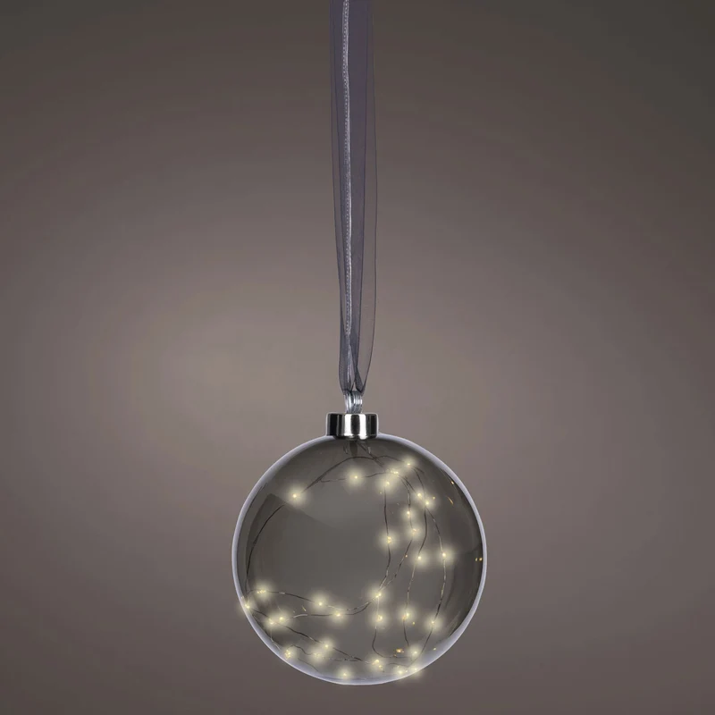 XL Deko Glas Lichtkugel 40LED 20cm Grau Anthrazit Glaskugel Timer Batterie Anhängen
