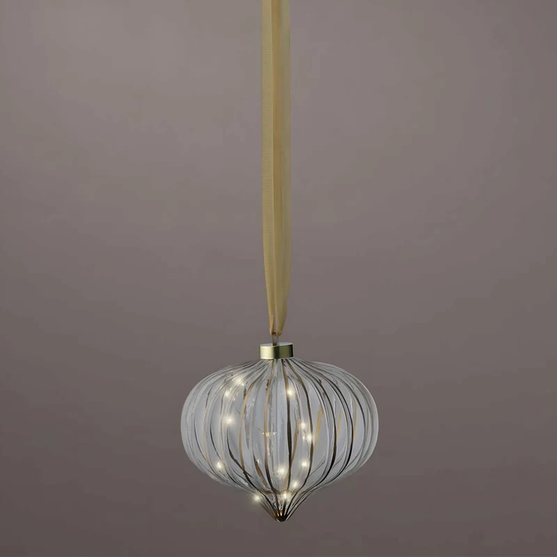 XL Deko Glas Lichtkugel 15 LED 20cm Zwiebel Klar Gold Timer Batterie Band zum Anhängen