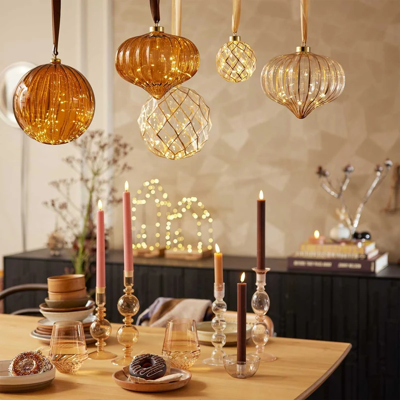 XL Deko Glas Lichtkugel 15 LED 20cm Zwiebel Klar Gold Timer Batterie Band zum Anhängen