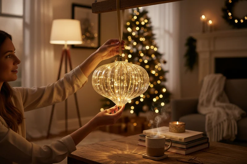 XL Deko Glas Lichtkugel 15 LED 20cm Zwiebel Klar Gold Timer Batterie Band zum Anhängen