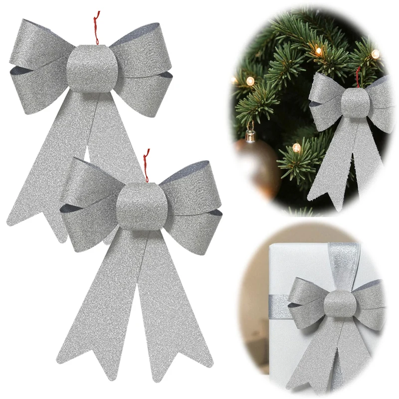 2x XL Weihnachtsschleife Set 17cm Silber - funkelnd Schleife für Weihnachts-Deko
