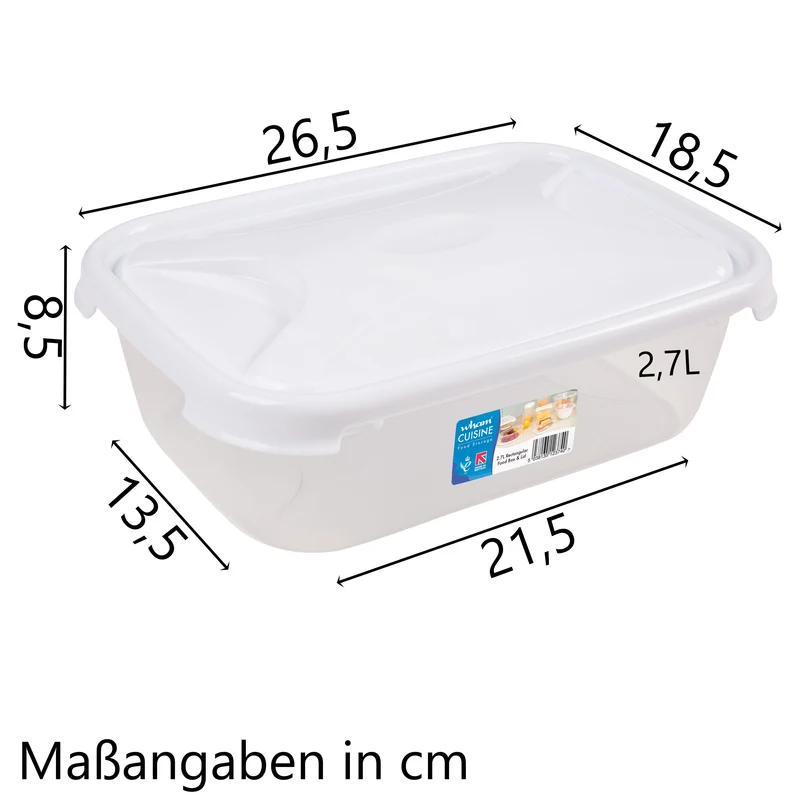 Vorratsdose 2,7 Liter mit Deckel Frischhaltedose - Aufbewahrungsbox mit Deckel lebensmittelecht - transparent mit weißem Deckel - rechteckig