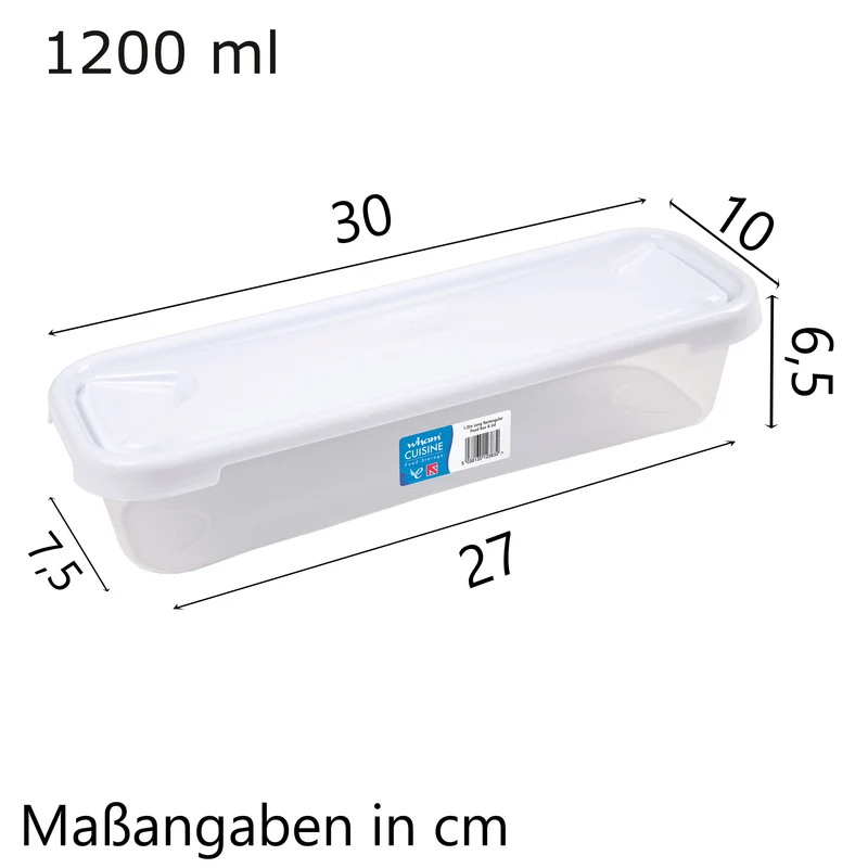 Vorratsdose 1,2 Liter mit Deckel Frischhaltedose - Aufbewahrungsbox mit Deckel - lebensmittelecht - transparent mit weißem Deckel - rechteckig schmal und lang